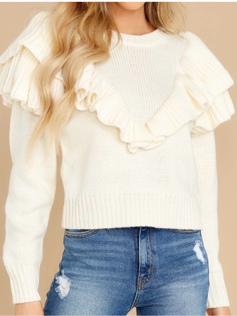 MINKPINK Ivory Ruffle-Trim Crewneck Sweater